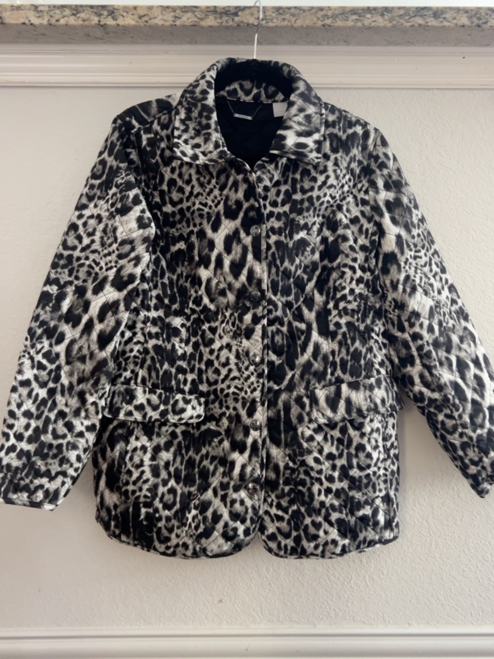 Chico’s Size 2 Black White Leopard Animal Print Quilted Jacket